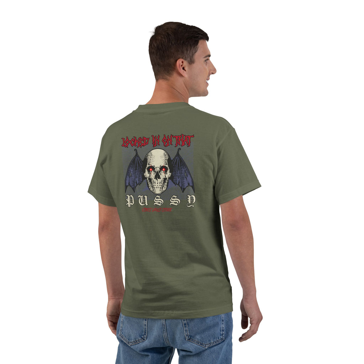 "Locked in on that Pussy" Humor Bat Skull - T-shirt Top - Retro Graphic Tee - Fall Halloween 2026