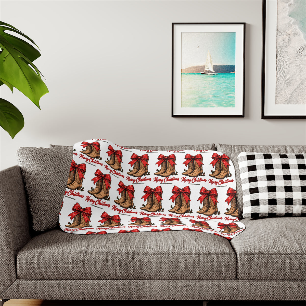 Christmas Cowboy Boots Sherpa Blanket – Merry Christmas Red Bow Holiday Throw