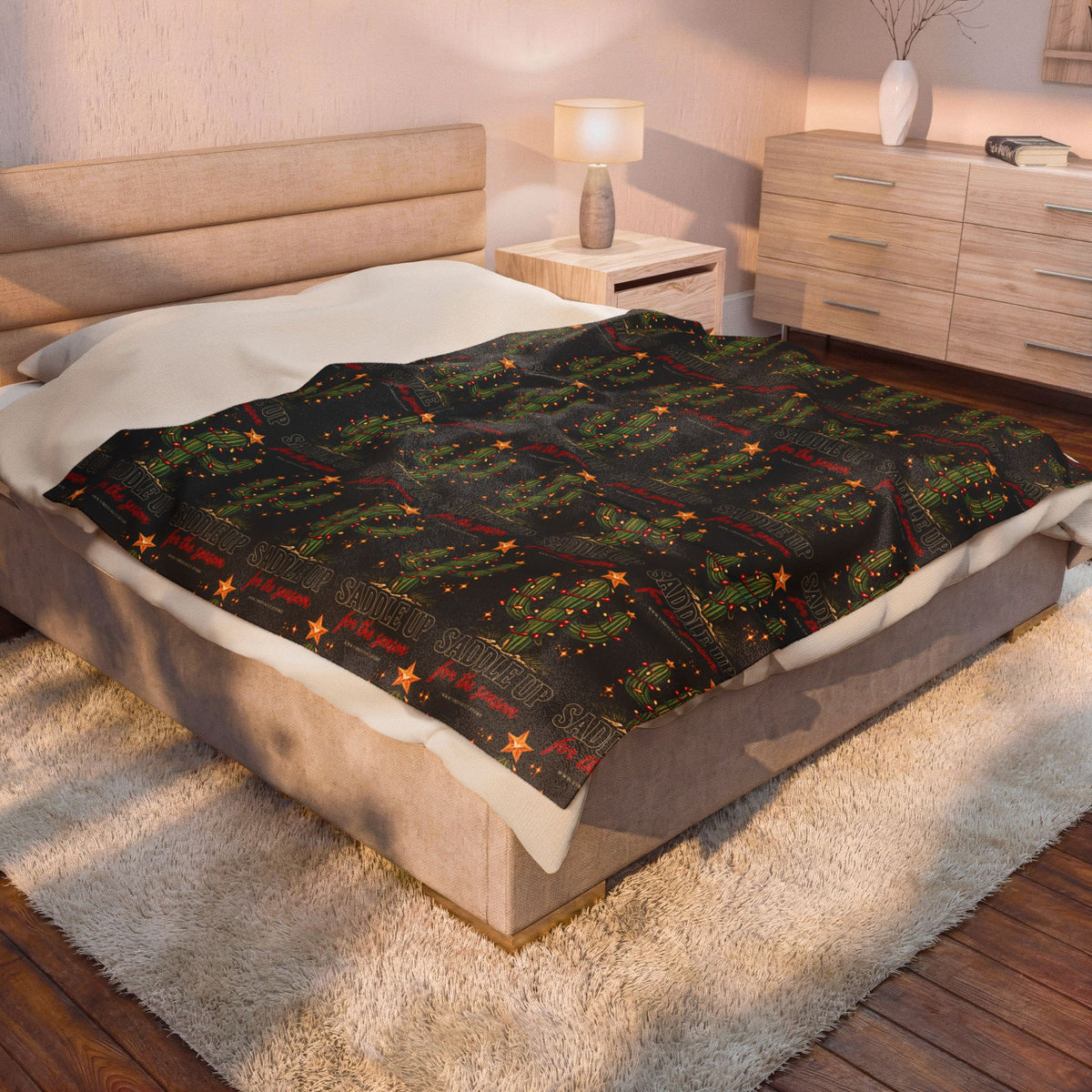 Velveteen Plush Blanket – Christmas Cactus “Saddle Up” Western Holiday Design