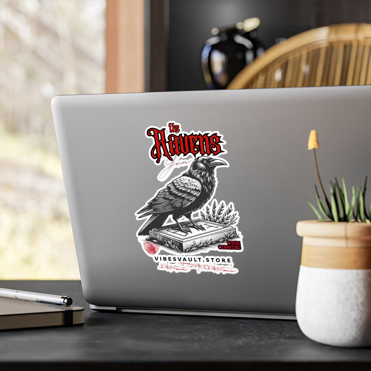 Ravens Kiss-Cut Vinyl Decal — Gothic Crow Sticker with Grim Book Reader