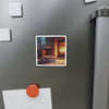 Cozy Fireplace Cat Die-Cut Magnet — Sleeping Kitten Home Décor