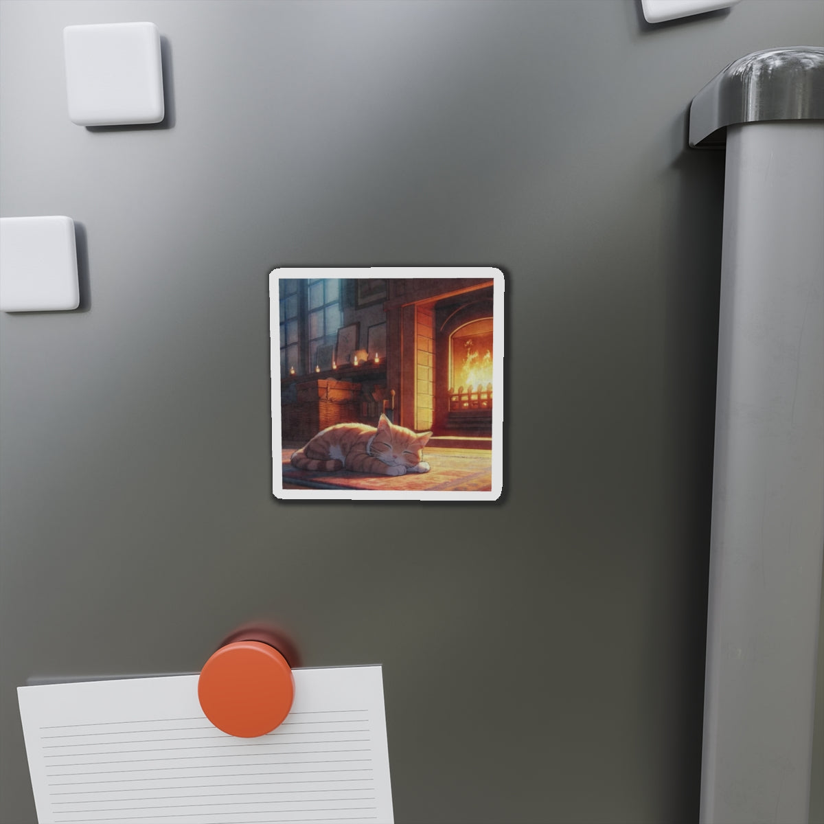 Cozy Fireplace Cat Die-Cut Magnet — Sleeping Kitten Home Décor