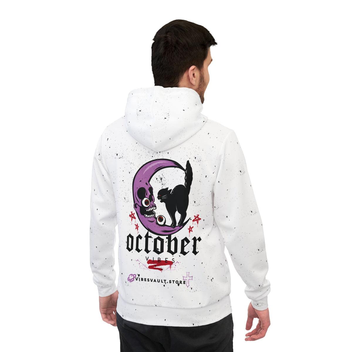 October Skull & Cat Hoodie — Halloween Moon Graphic Athletic Hoodie