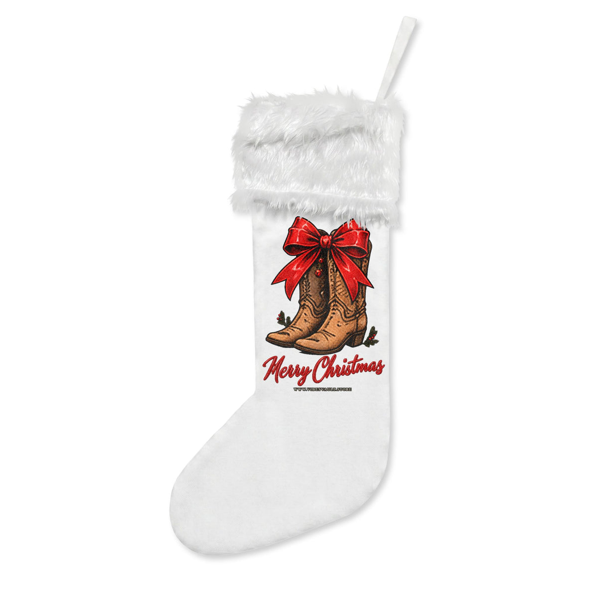 Flannel Christmas Stocking with Cowboy Boots & Red Bow — Merry Christmas Holiday Decor