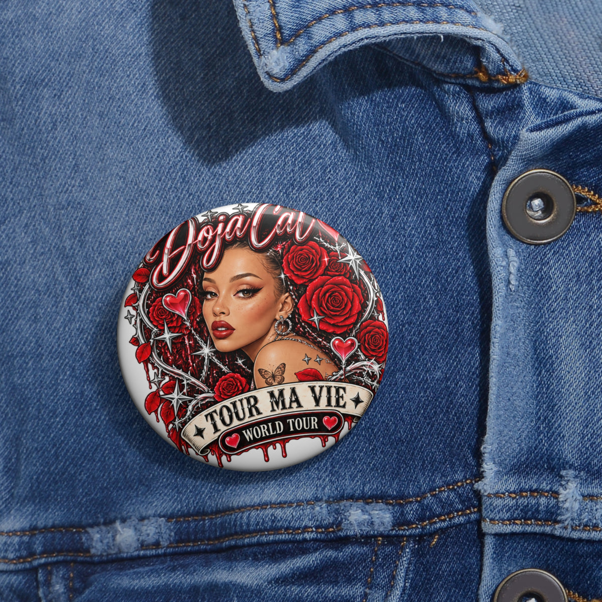Red Roses Chrome Portrait Custom Pin Buttons