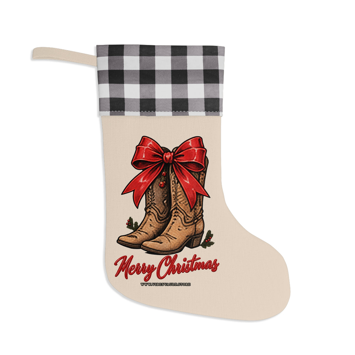 Cowboy Boots Christmas Stocking — Buffalo Plaid Cuff, "Merry Christmas"
