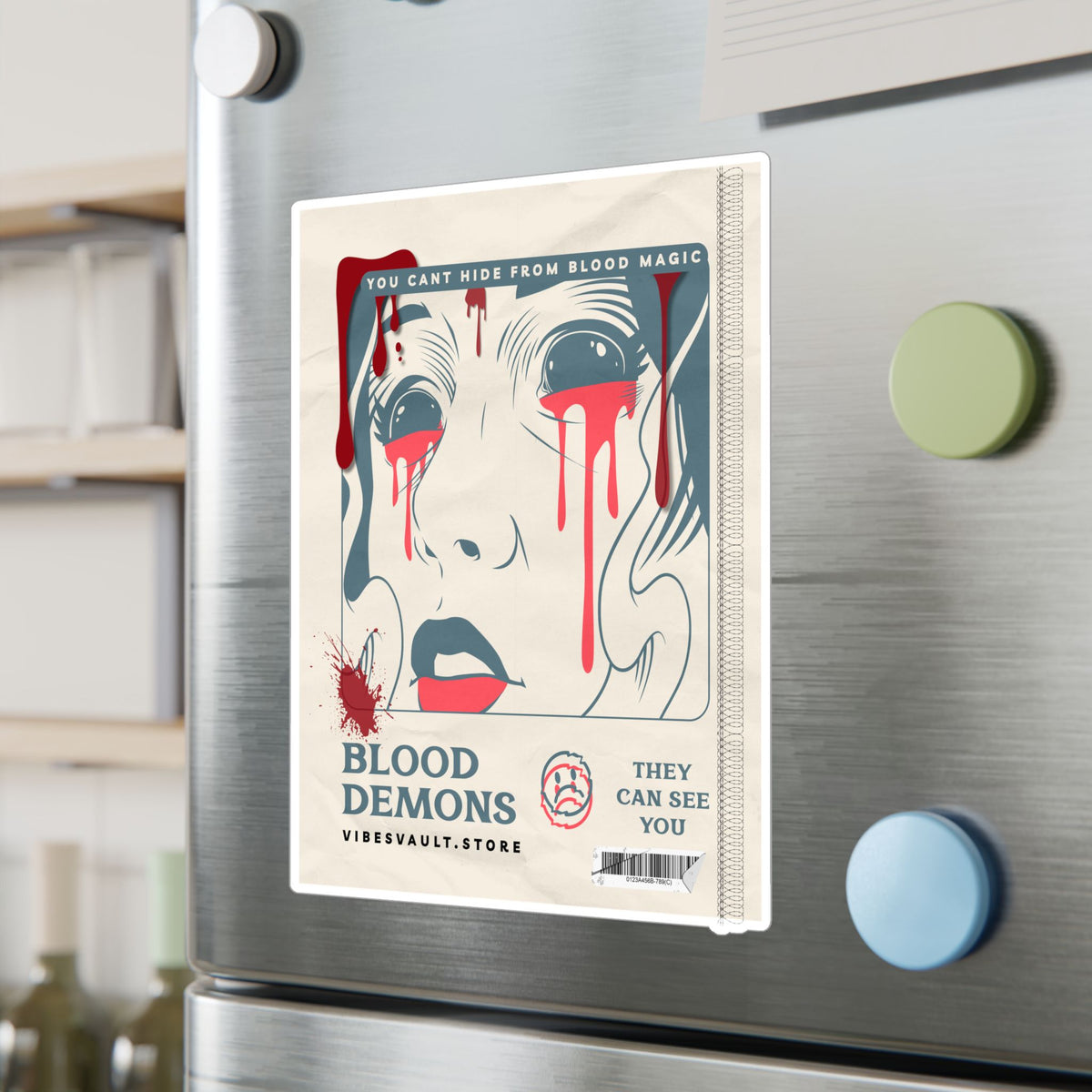 Blood Demons Kiss-Cut Vinyl Decal — Retro Horror Sticker ("You Can't Hide From Blood Magic") — Halloween 2026