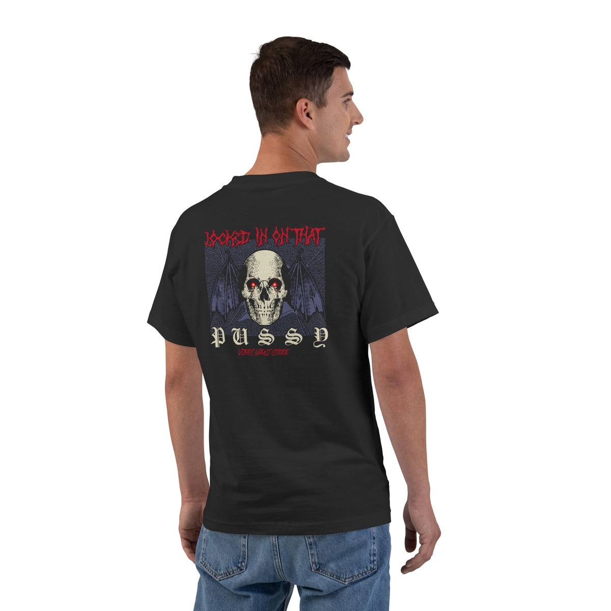 "Locked in on that Pussy" Humor Bat Skull - T-shirt Top - Retro Graphic Tee - Fall Halloween 2026