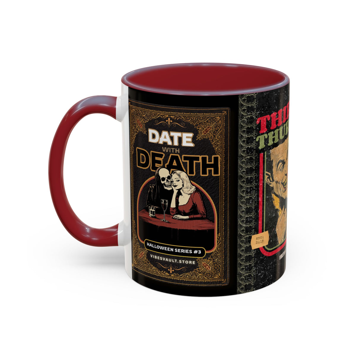 3 Book Covers Retro Vampire, Death and Black Cats Mug — Two-Tone Accent 11/15oz - Fall Halloween 2026