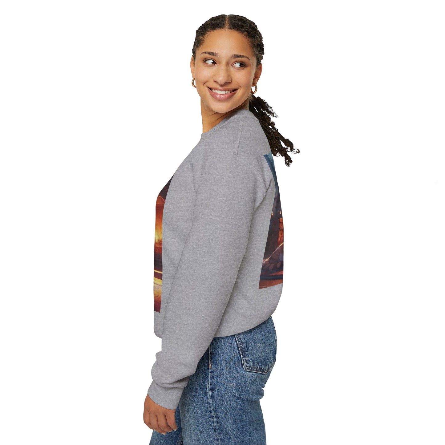 Crewneck Sweatshirt — Cozy Cat by the Fireplace Graphic