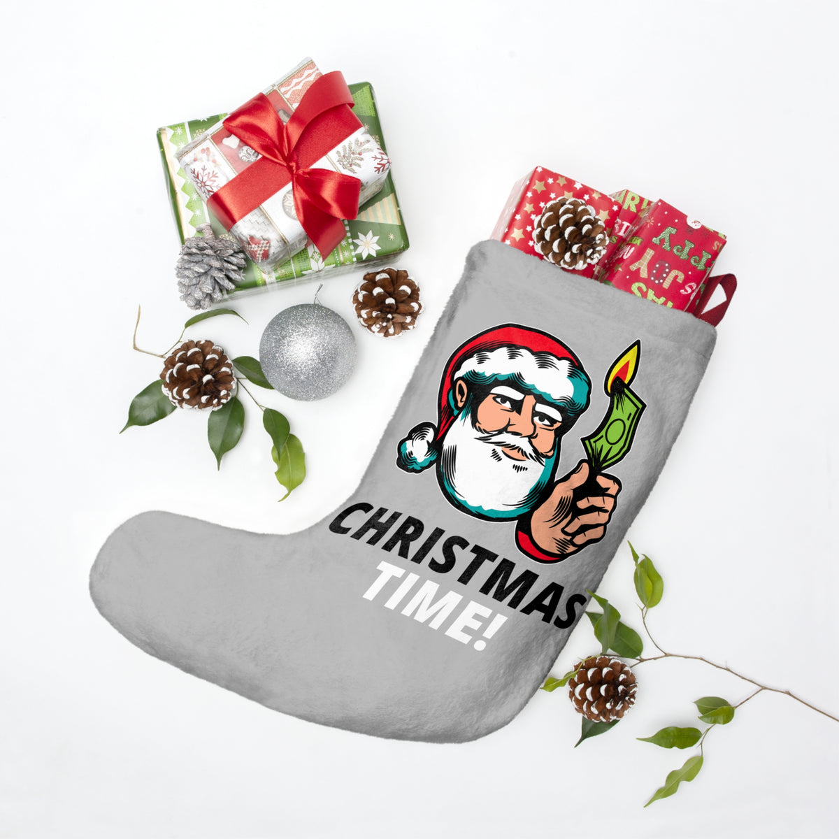 HOLIDAY Santa Burning Money Christmas Stockings