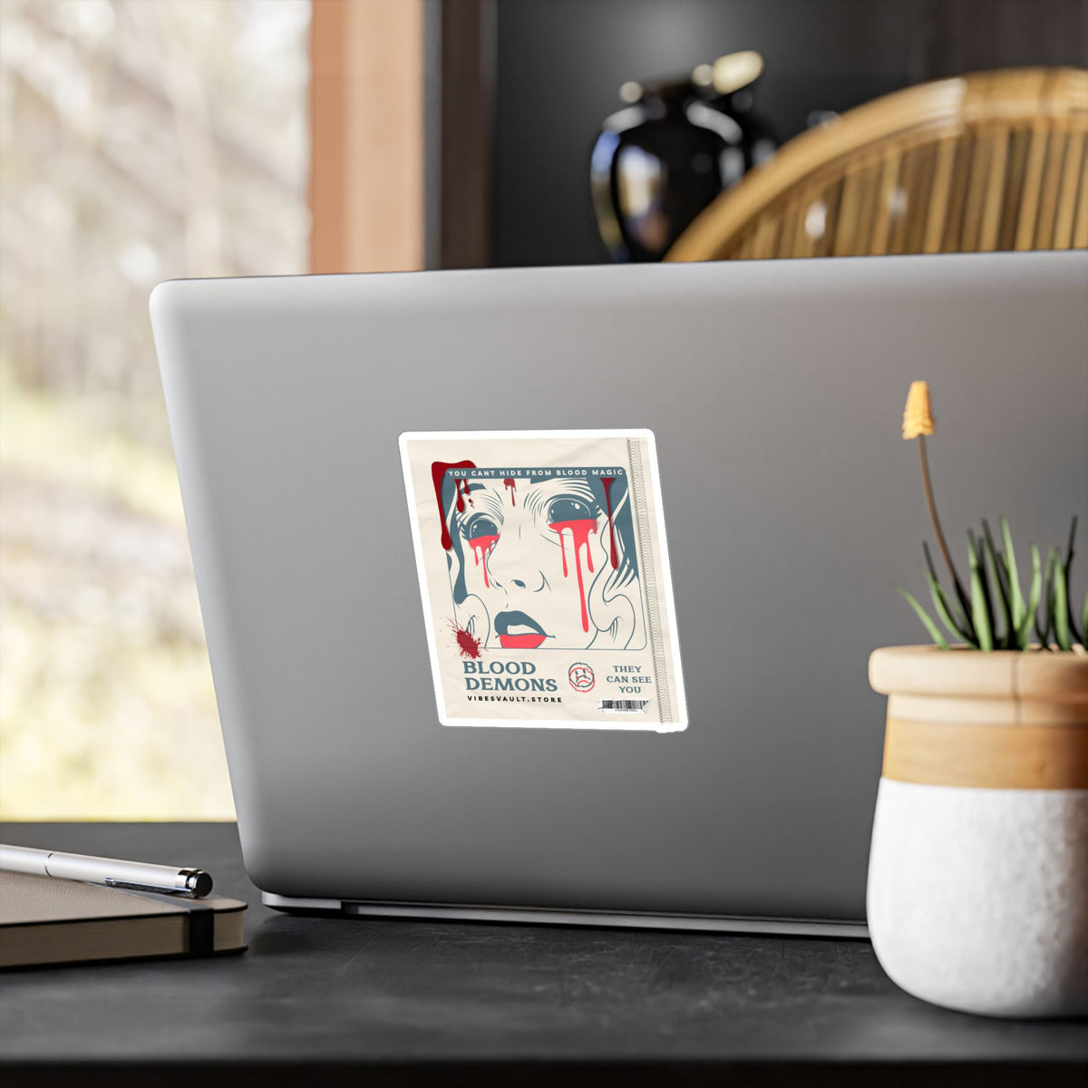 Blood Demons Kiss-Cut Vinyl Decal — Retro Horror Sticker ("You Can't Hide From Blood Magic") — Halloween 2026