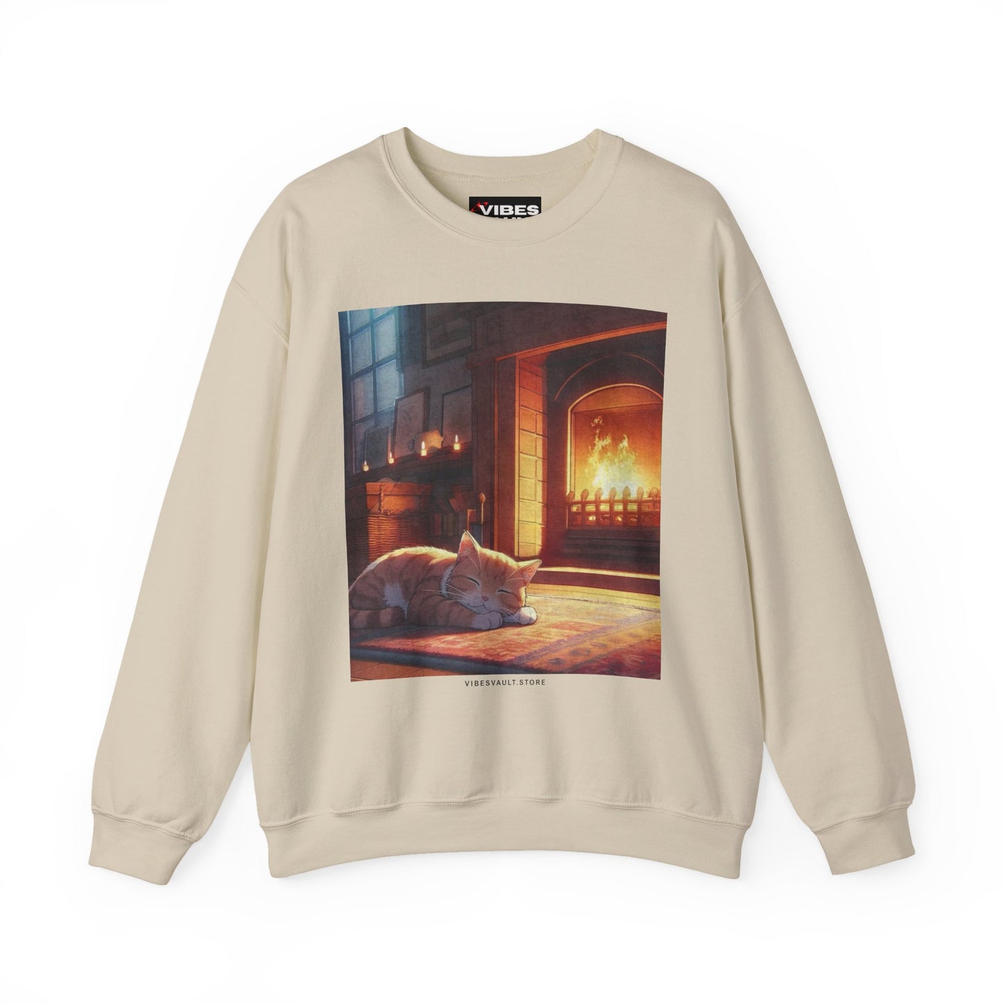 Crewneck Sweatshirt — Cozy Cat by the Fireplace Graphic
