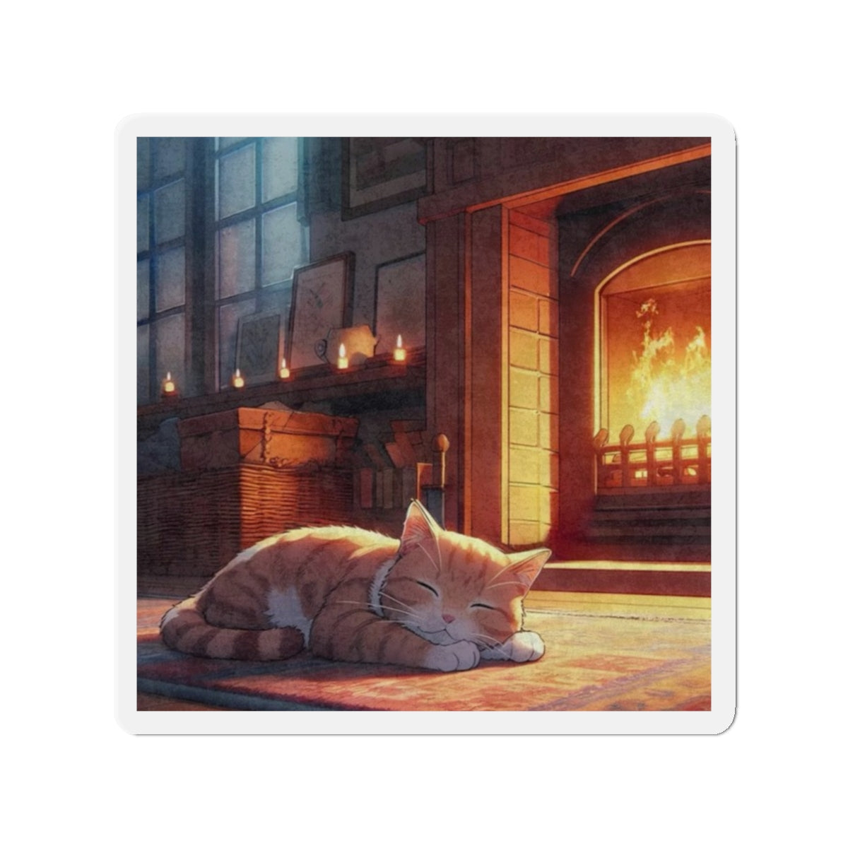 Cozy Fireplace Cat Die-Cut Magnet — Sleeping Kitten Home Décor