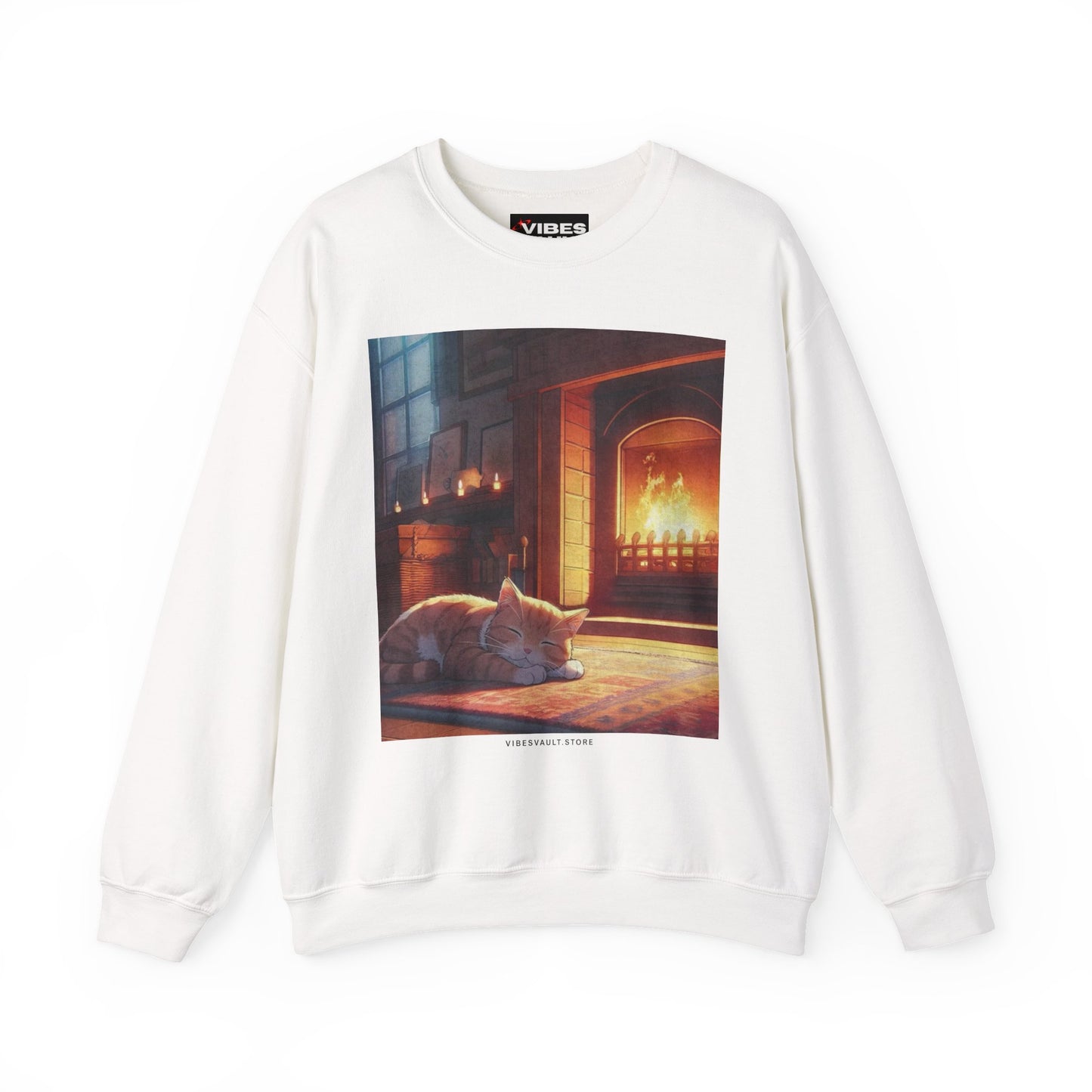 Crewneck Sweatshirt — Cozy Cat by the Fireplace Graphic