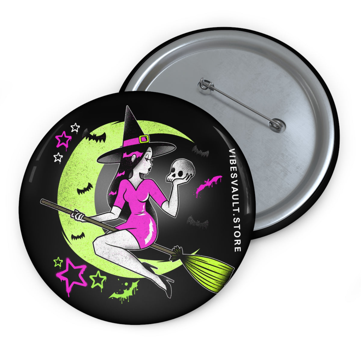 Moon Witch Skull Pin- Stars, Bats, Pink and Green Pin Badge - Fall Halloween 2026