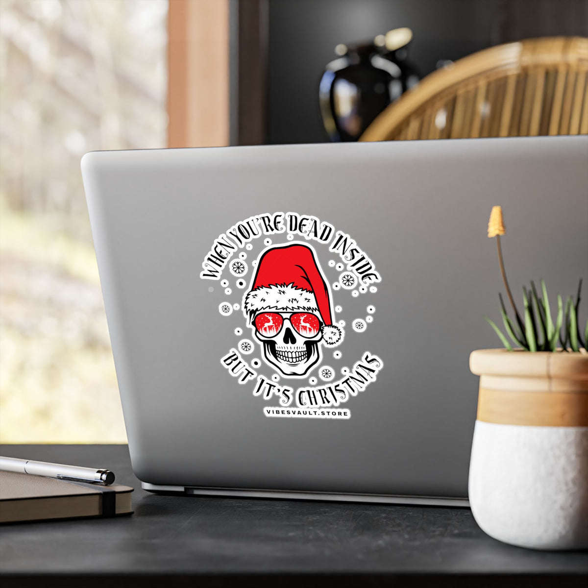 Gothic Christmas Skull Sticker — "When You're Dead Inside But It's Christmas" Vinyl Decal