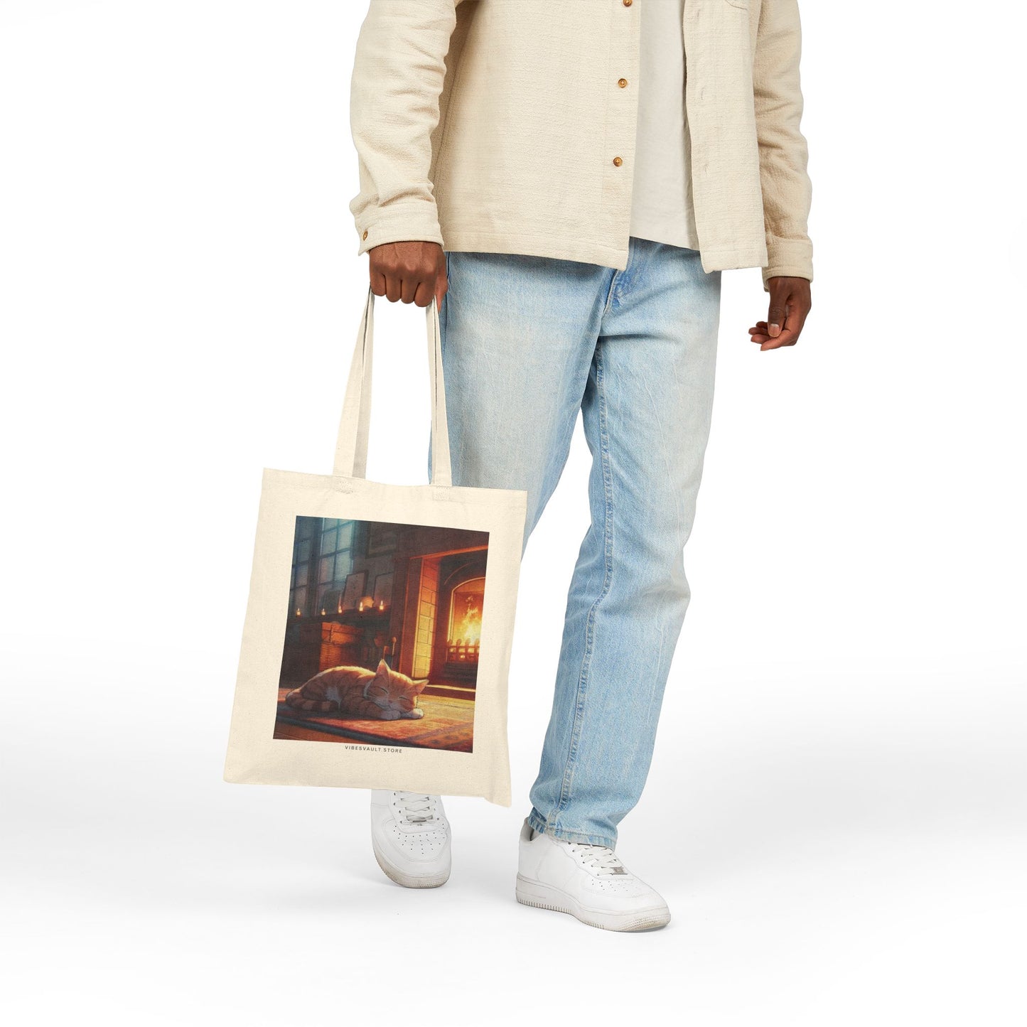 Cozy Fireplace Cat Canvas Tote Bag — 'I Could Stay Here' Autumn Bookbag