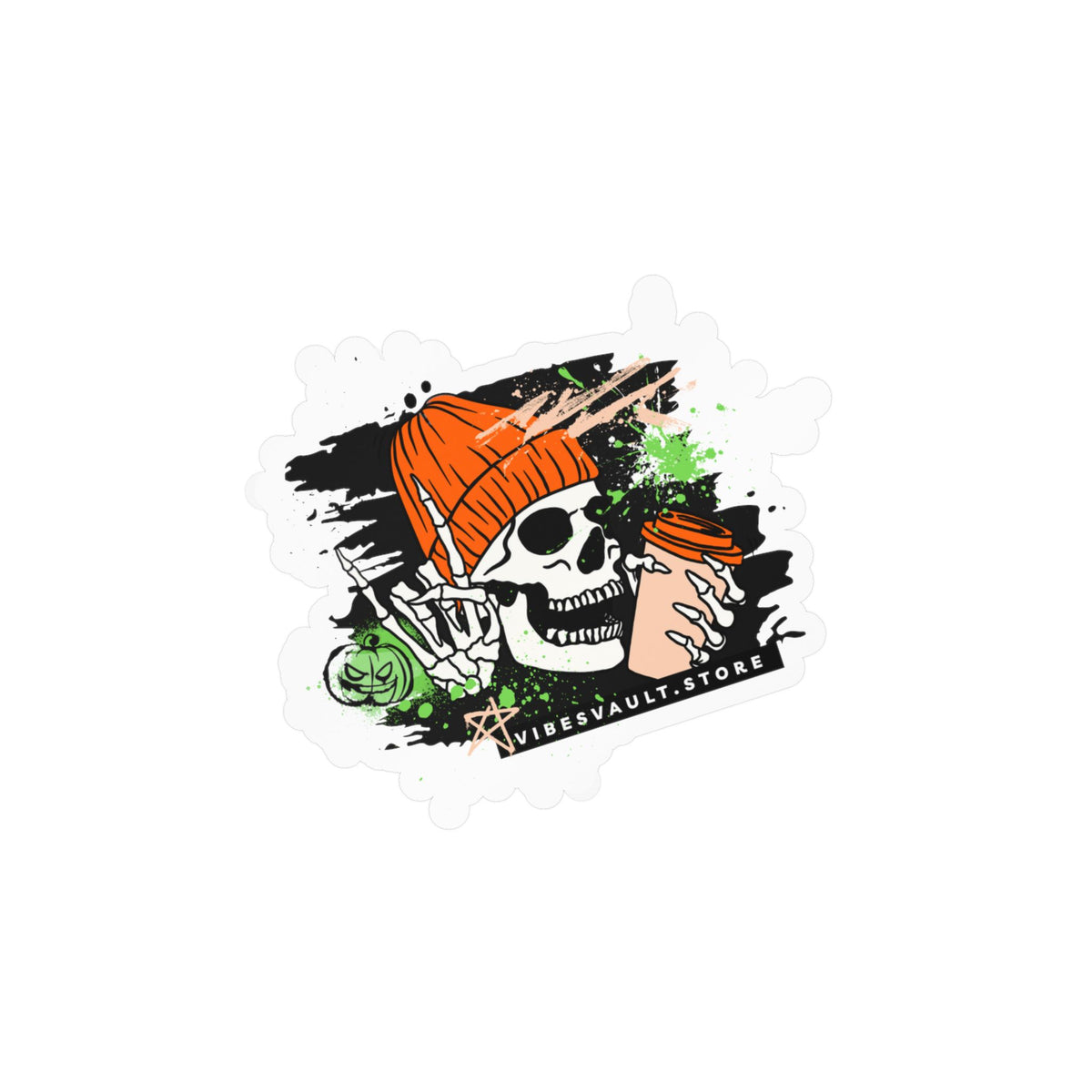 Skull Coffee Sticker — Halloween Skull with Beanie & Pumpkin Kiss-Cut Vinyl Decal— Halloween 2026