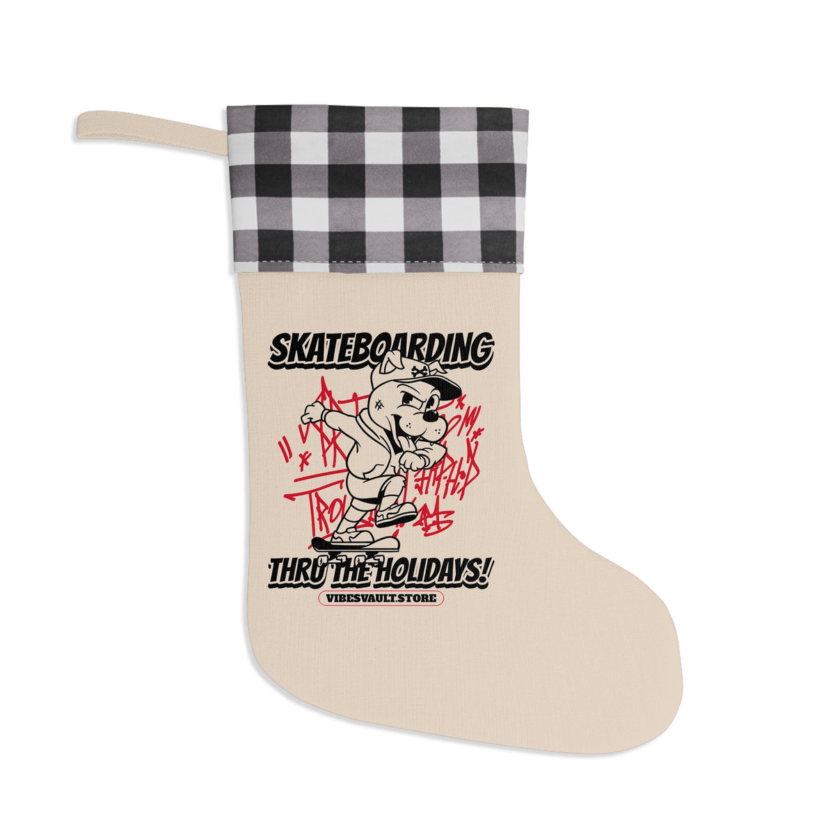 Skateboarding Through the Holidays Christmas Stocking – Red Buffalo Plaid Cuff