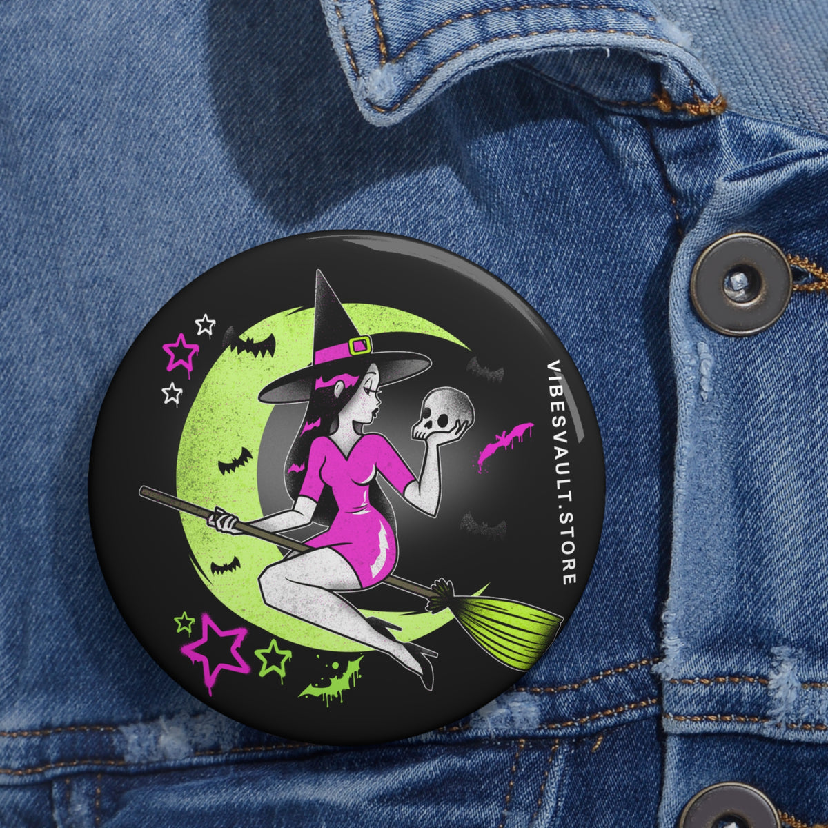 Moon Witch Skull Pin- Stars, Bats, Pink and Green Pin Badge - Fall Halloween 2026