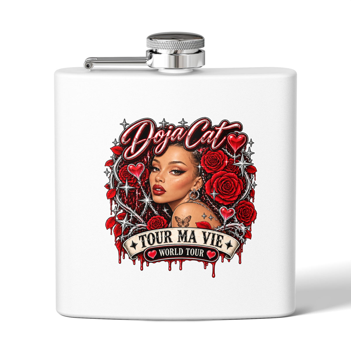 Red Roses Chrome Portrait Stainless Steel Flask 6oz