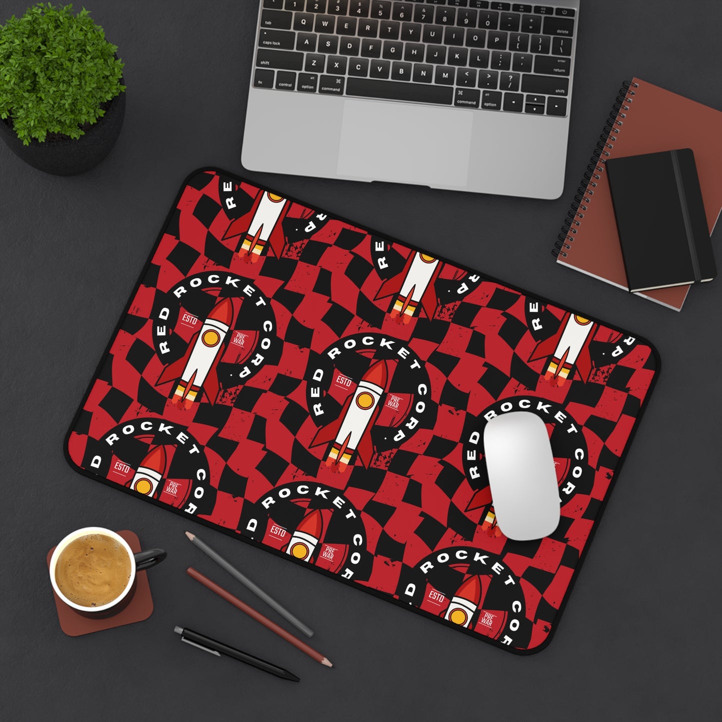 Red Rocket Desk Mat — Bold Checkered Rocket Mousepad for Gamers & Workspace