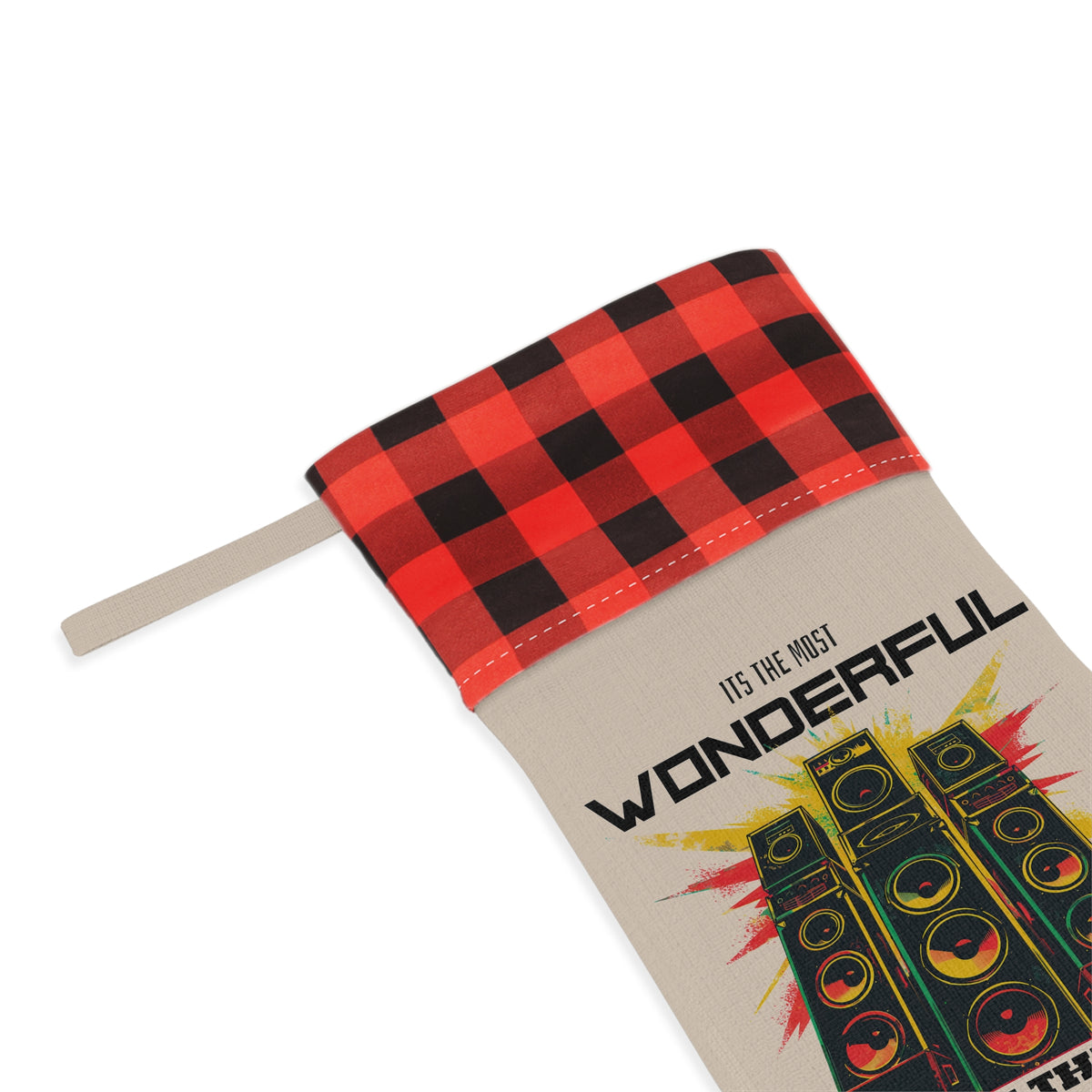 Retro Speaker Christmas Stocking – "Wonderful Time of the Year" Holiday Stocking with Buffalo Plaid Cuff