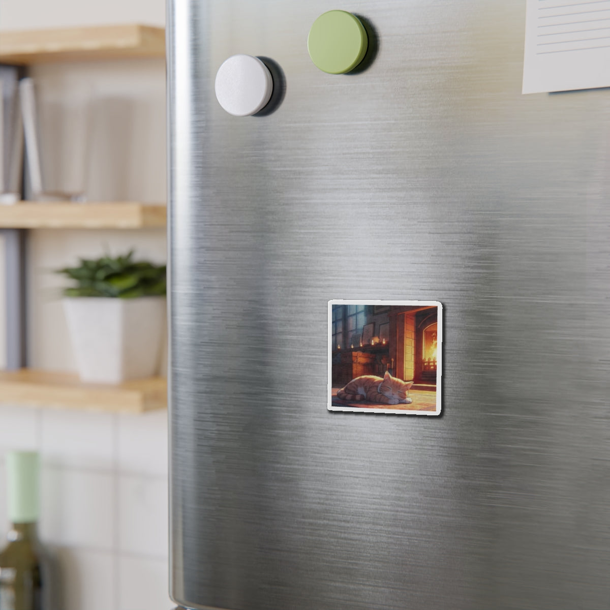 Cozy Fireplace Cat Die-Cut Magnet — Sleeping Kitten Home Décor