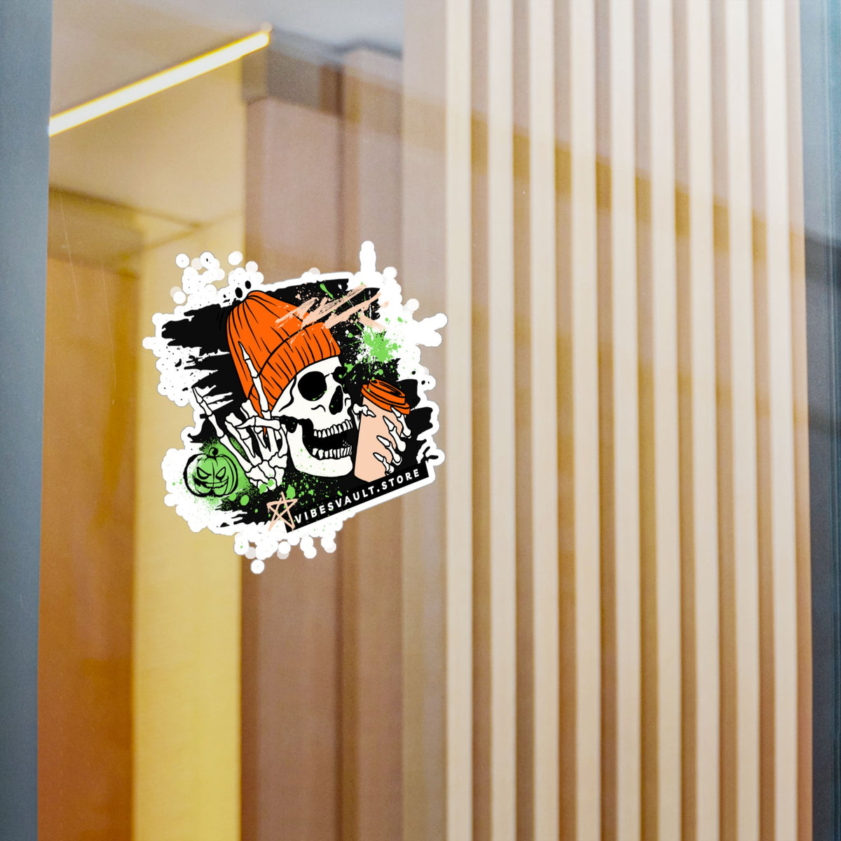 Skull Coffee Sticker — Halloween Skull with Beanie & Pumpkin Kiss-Cut Vinyl Decal— Halloween 2026