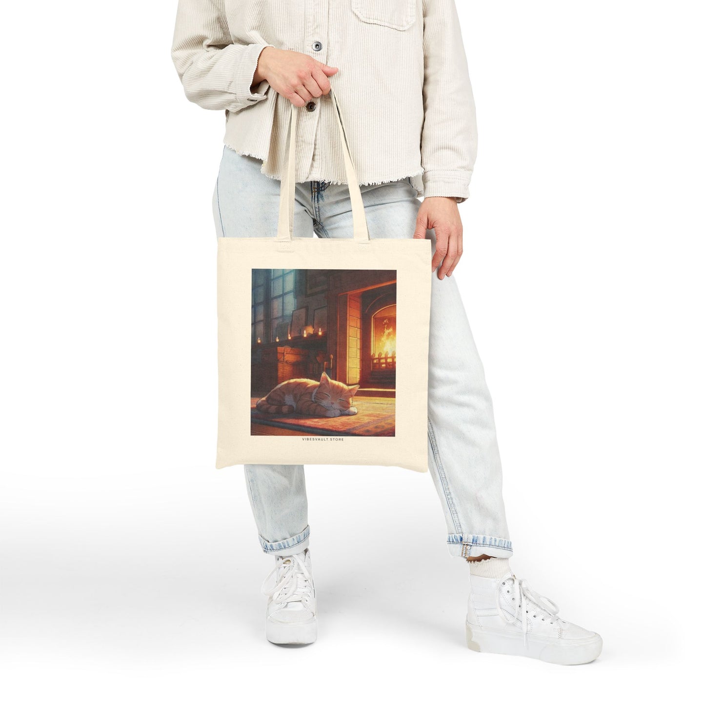 Cozy Fireplace Cat Canvas Tote Bag — 'I Could Stay Here' Autumn Bookbag