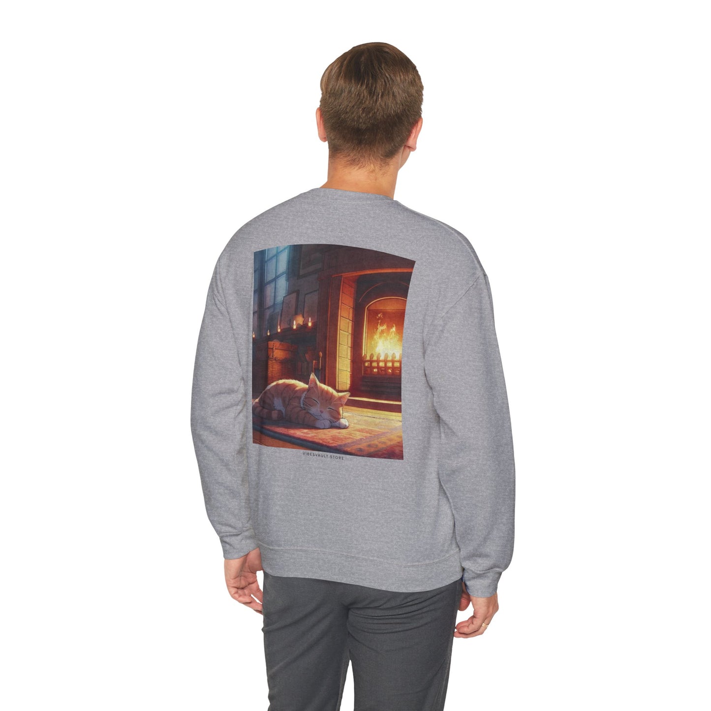 Crewneck Sweatshirt — Cozy Cat by the Fireplace Graphic