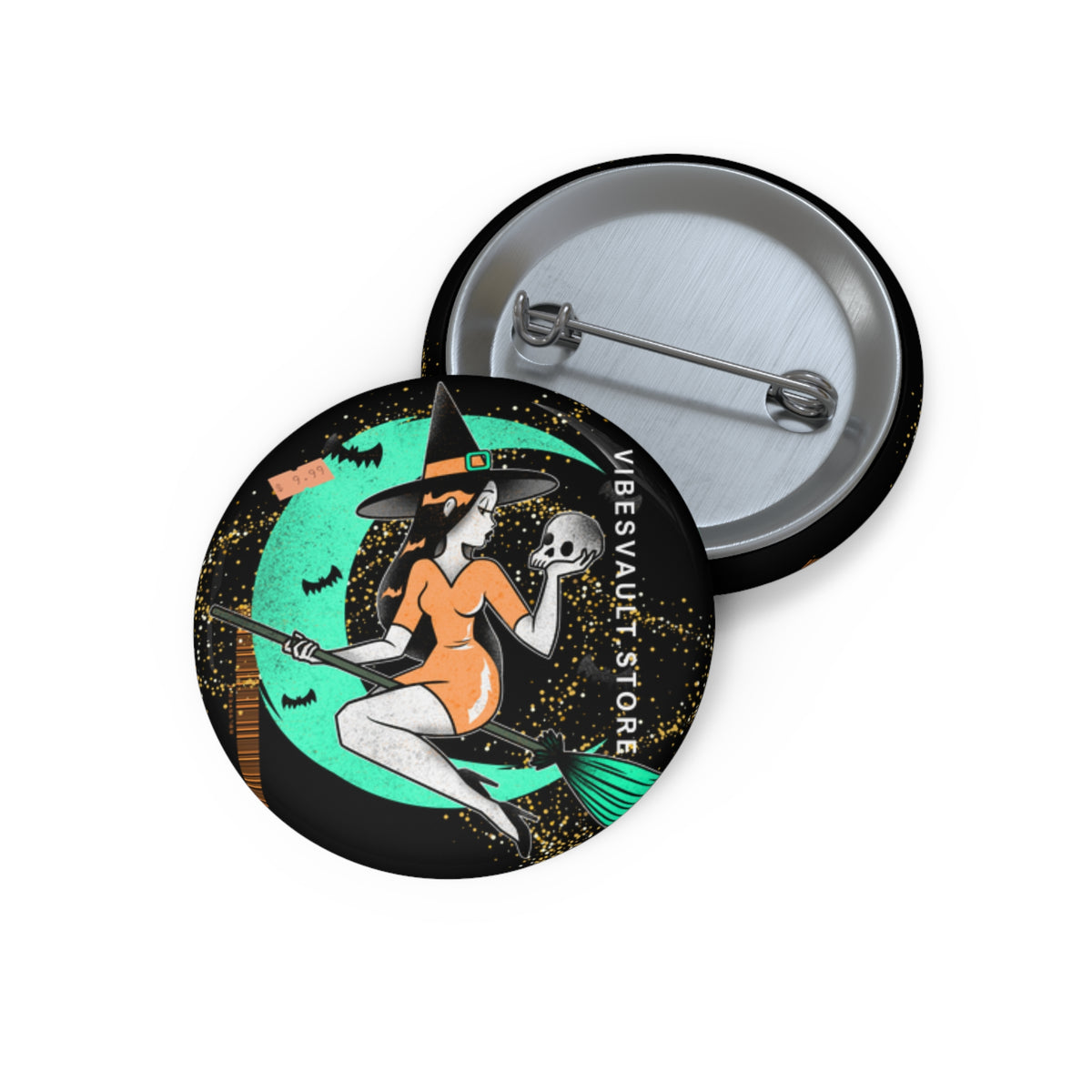 Witch Flying Broom - Orange and Green Stars Magic - Dracula Pin Badge - Fall Halloween 2026