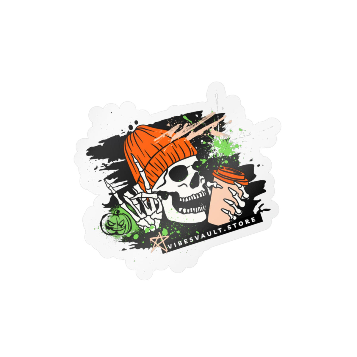 Skull Coffee Sticker — Halloween Skull with Beanie & Pumpkin Kiss-Cut Vinyl Decal— Halloween 2026
