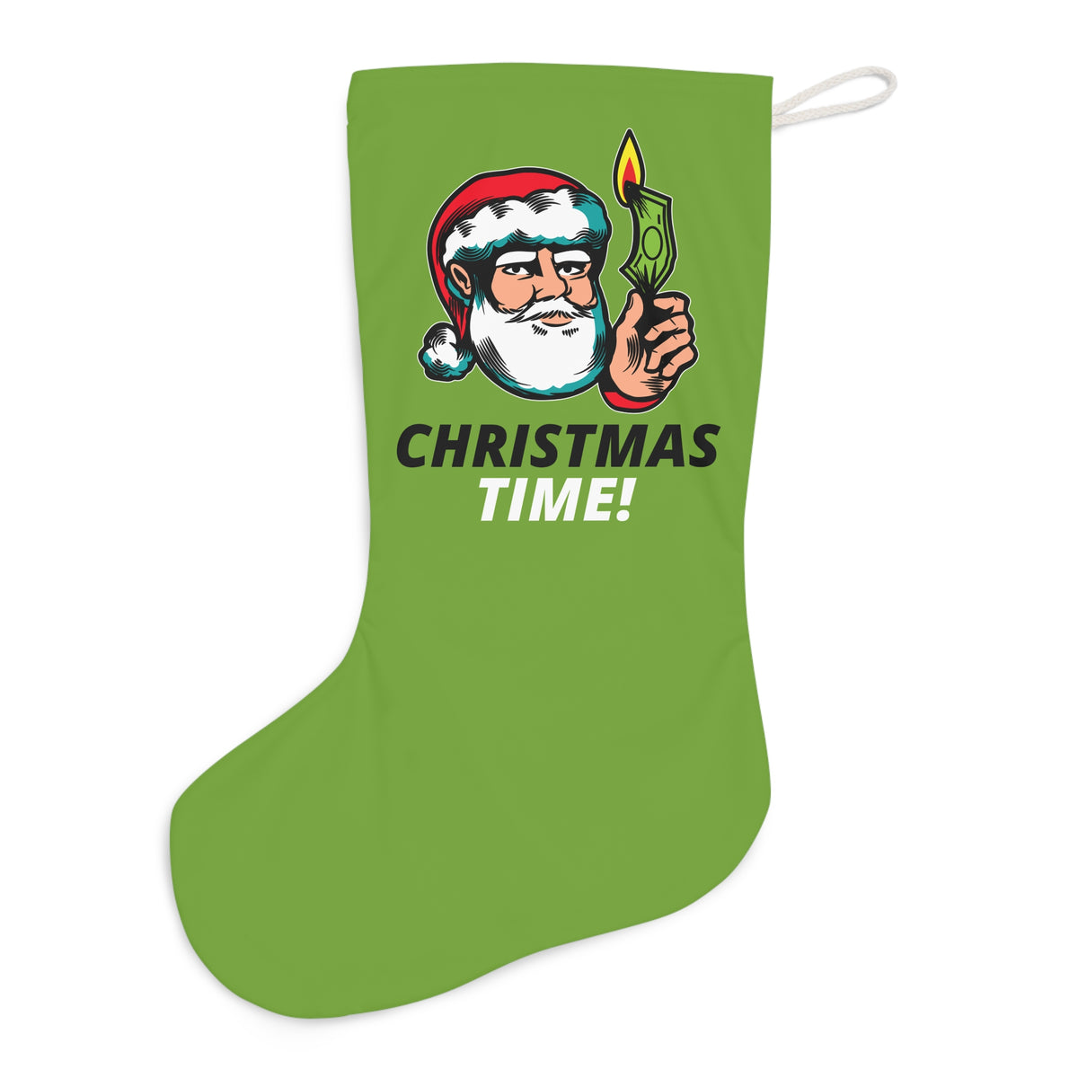 HOLIDAY Santa Burning Money Santa Stocking