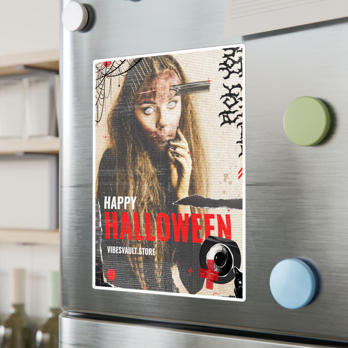 Halloween Kiss-Cut Vinyl Decal — "Happy Halloween" Horror Collage Sticker— Halloween 2026