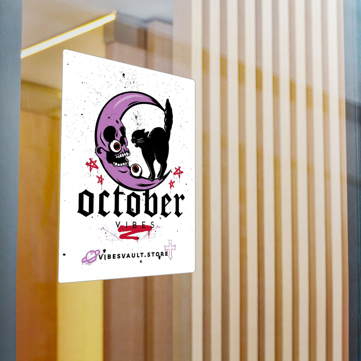 October Vibes Kiss-Cut Vinyl Decal — Halloween Moon Cat Skull Sticker