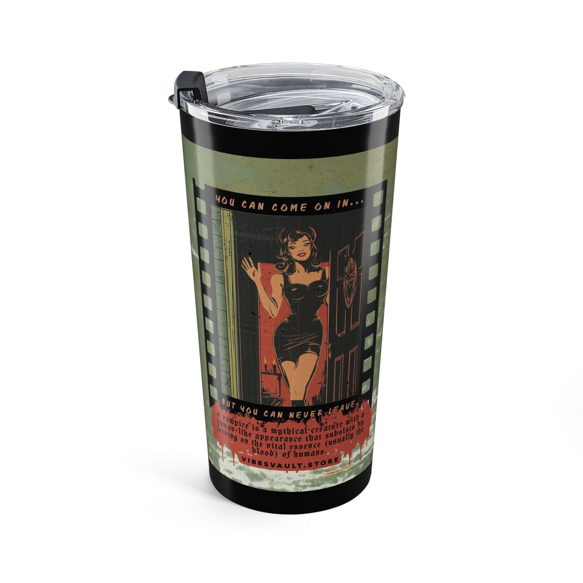 Vampire Coffee Vintage Film Reel 20oz Tumbler — Retro Cinema Travel Mug— Halloween 2026