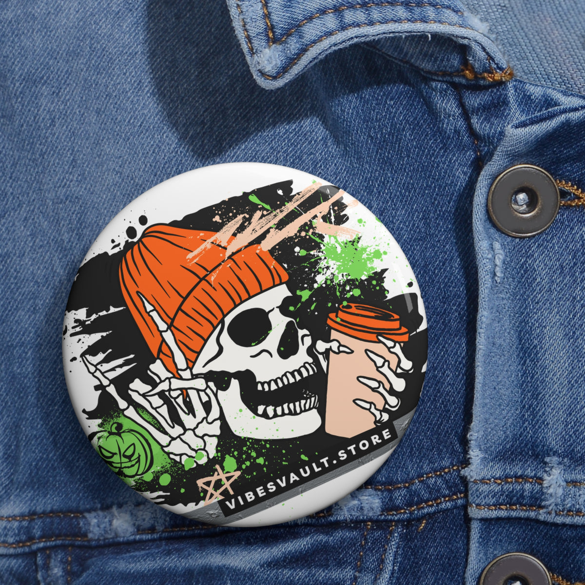 Fall Rocks Skull Button - Pumpkin Coffee Pin - Winter Cozy - Fall Halloween 2026