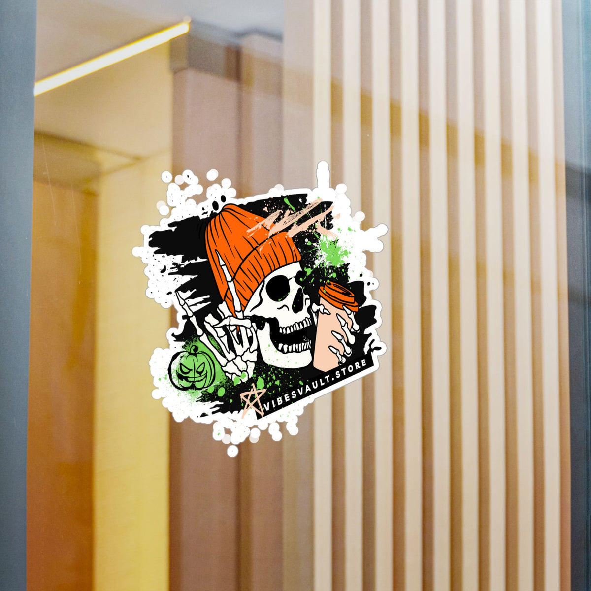 Skull Coffee Sticker — Halloween Skull with Beanie & Pumpkin Kiss-Cut Vinyl Decal— Halloween 2026