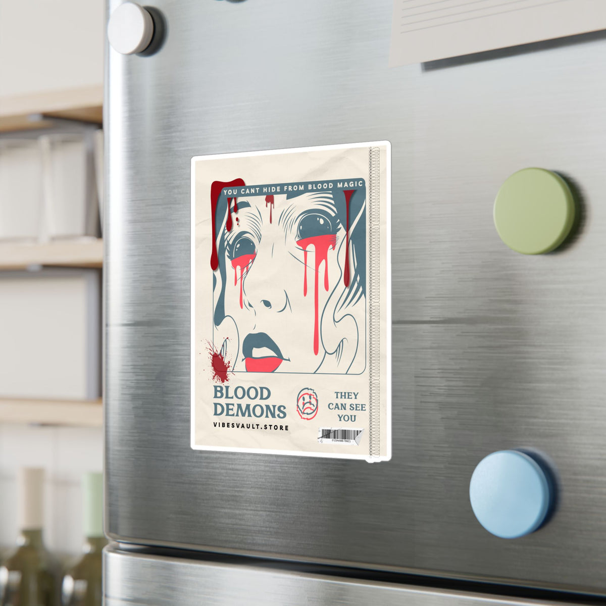 Blood Demons Kiss-Cut Vinyl Decal — Retro Horror Sticker ("You Can't Hide From Blood Magic") — Halloween 2026