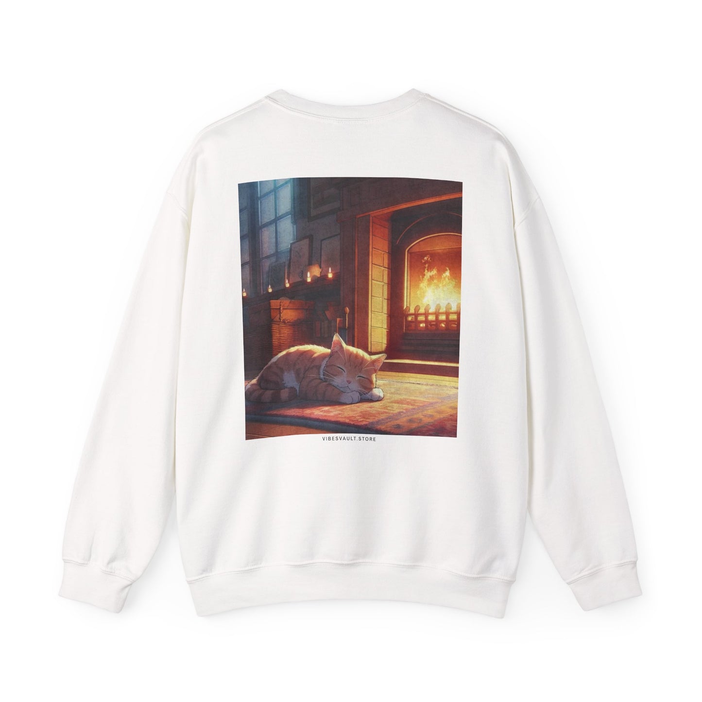 Crewneck Sweatshirt — Cozy Cat by the Fireplace Graphic