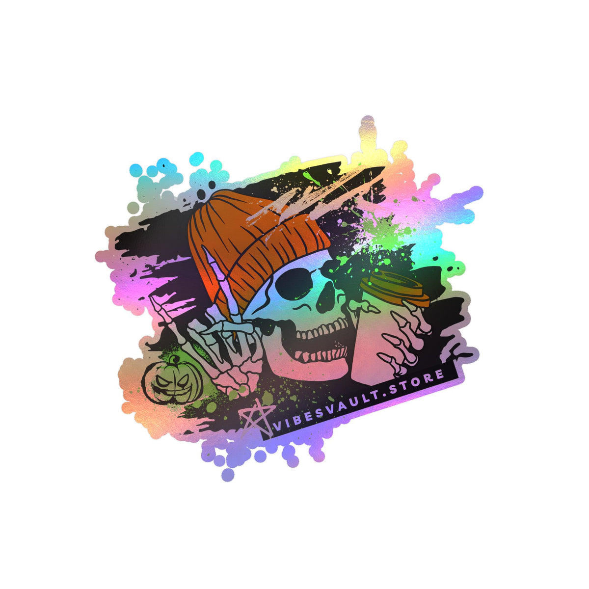 Skull Coffee Sticker — Halloween Skull with Beanie & Pumpkin Kiss-Cut Vinyl Decal— Halloween 2026