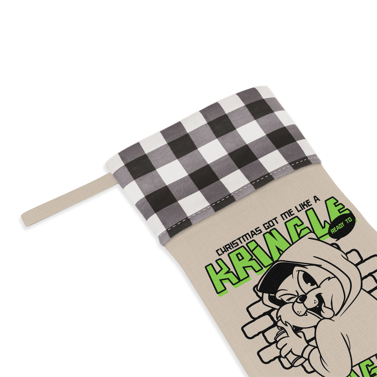 Kringle Minele Christmas Stocking — Retro Grinch Cartoon Holiday Stocking with Buffalo Check Cuff