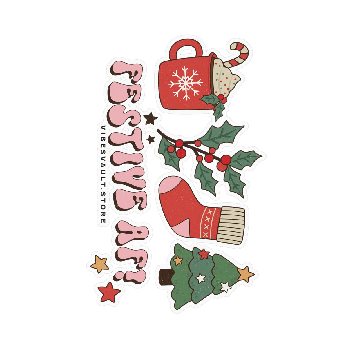 Christmas Sticker Festive AF — Holiday Kiss-Cut Vinyl Decals (Mug, Stocking, Holly & Tree)