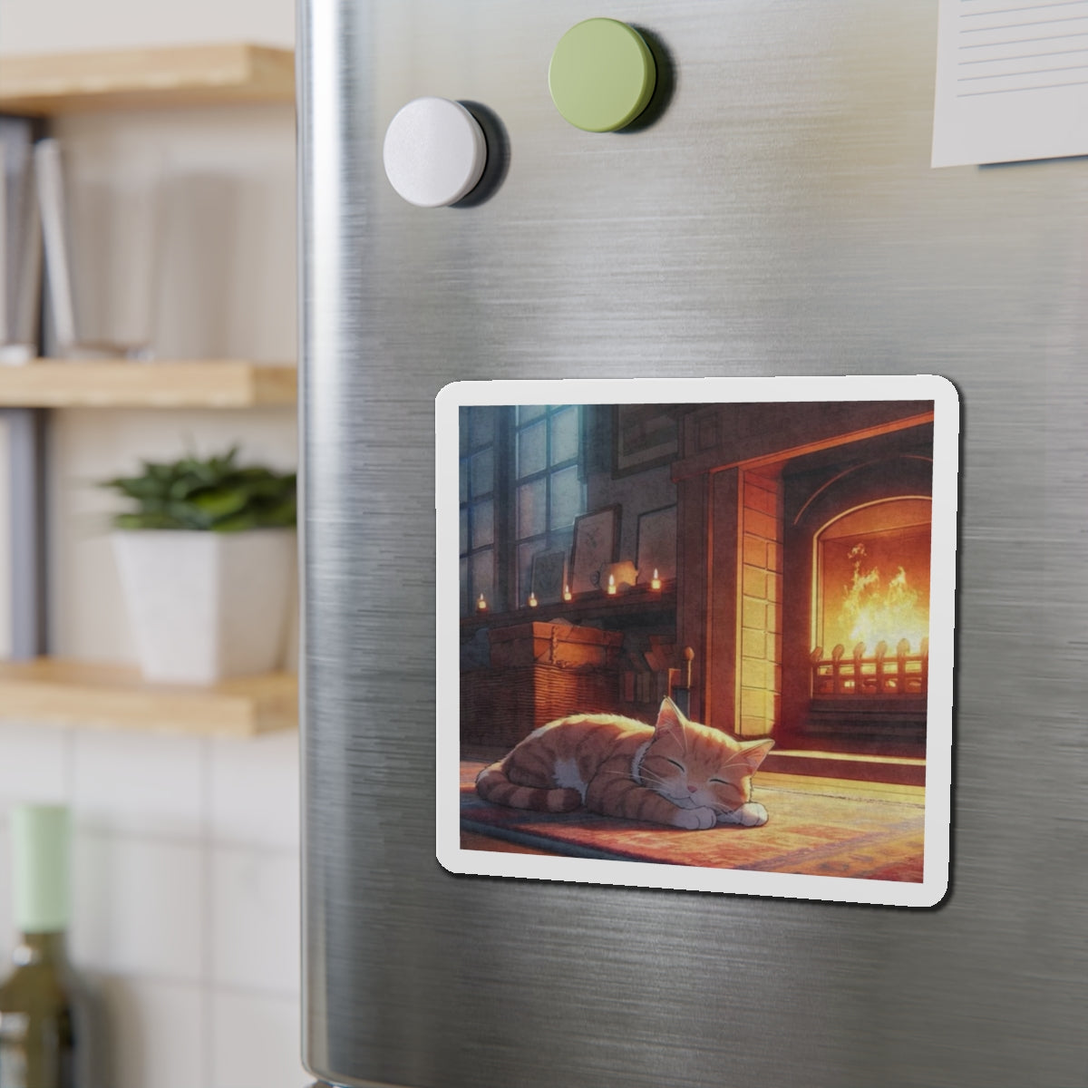 Cozy Fireplace Cat Die-Cut Magnet — Sleeping Kitten Home Décor