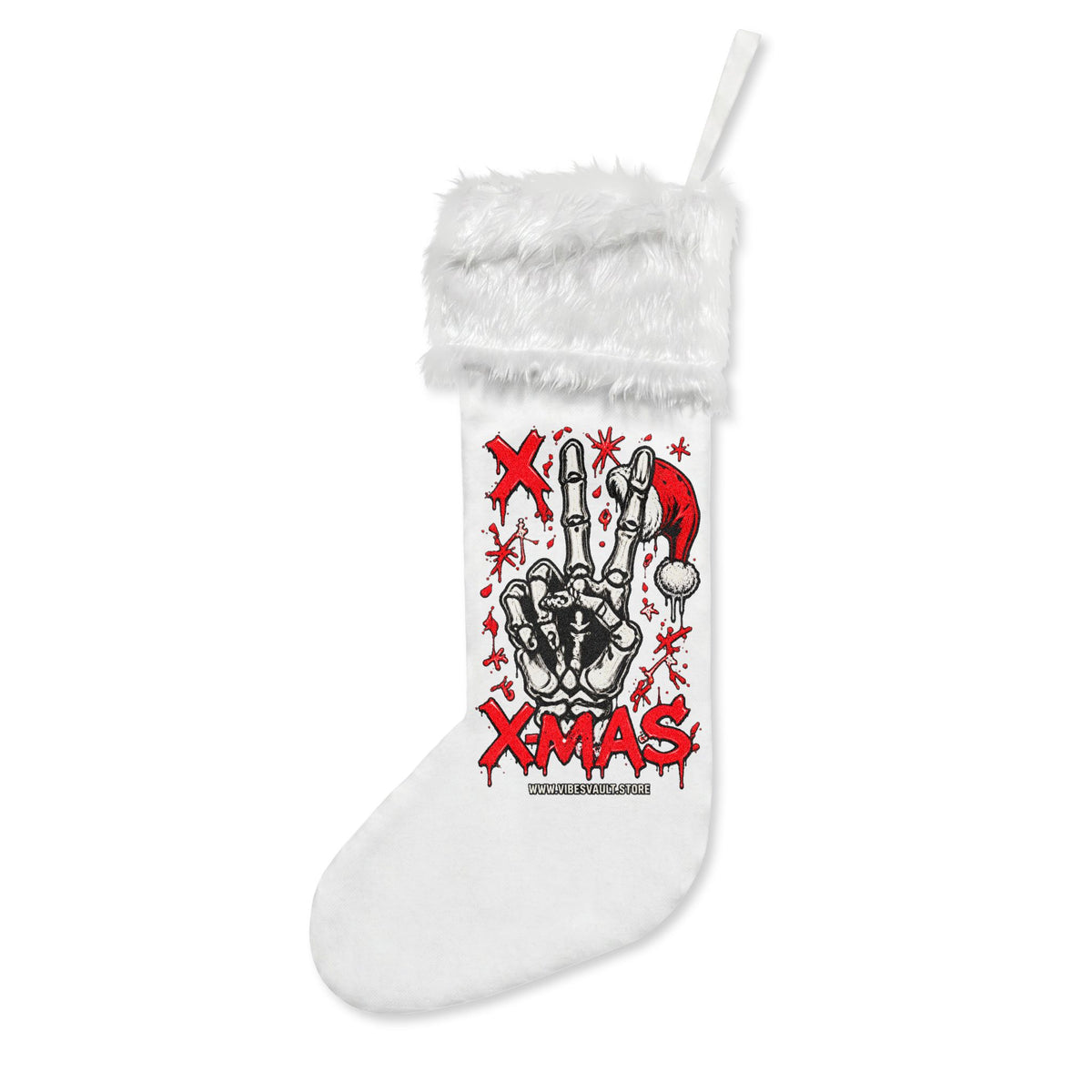 Skull Peace Sign Christmas Stocking — White Flannel Xmas Stocking with Santa Hat Design