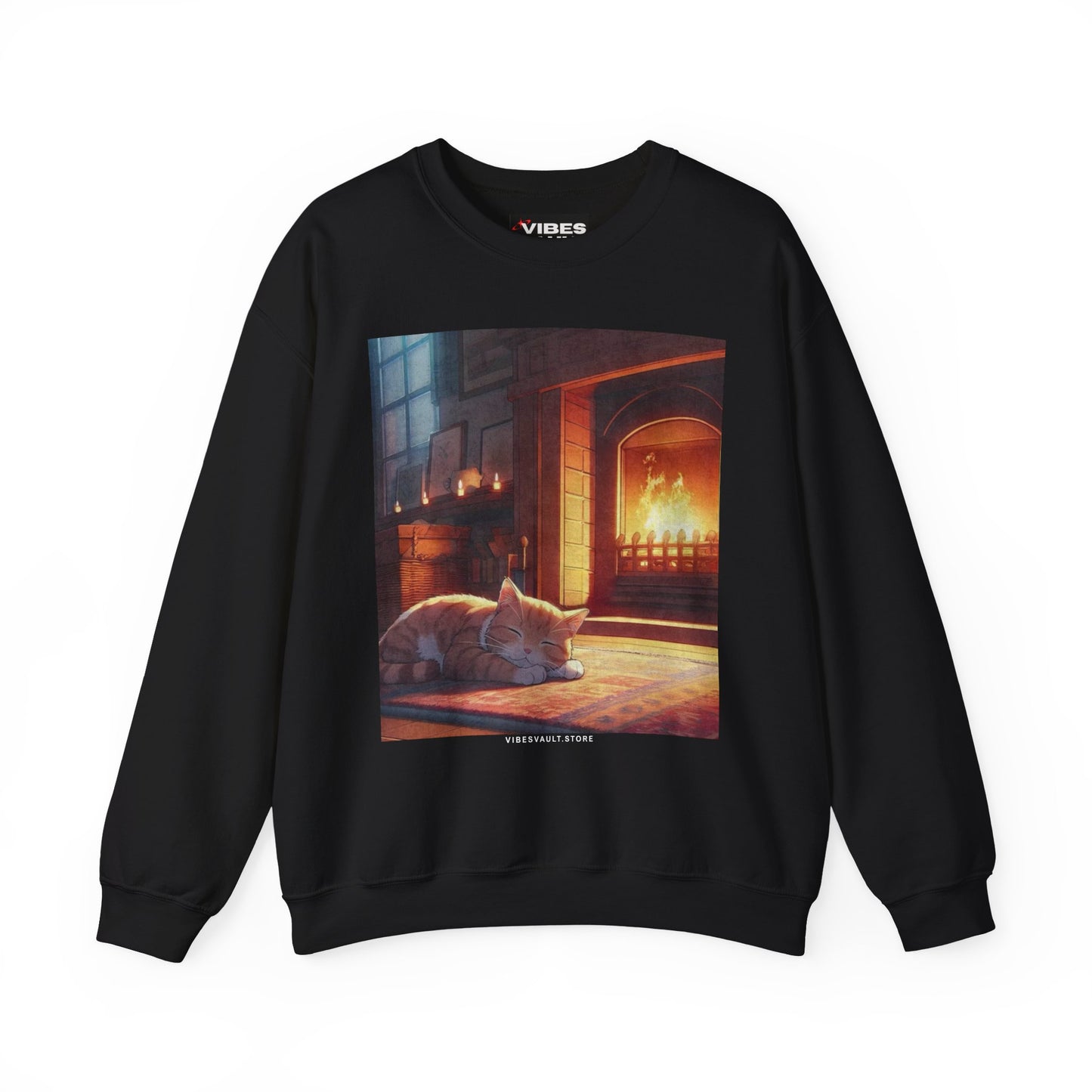 Crewneck Sweatshirt — Cozy Cat by the Fireplace Graphic