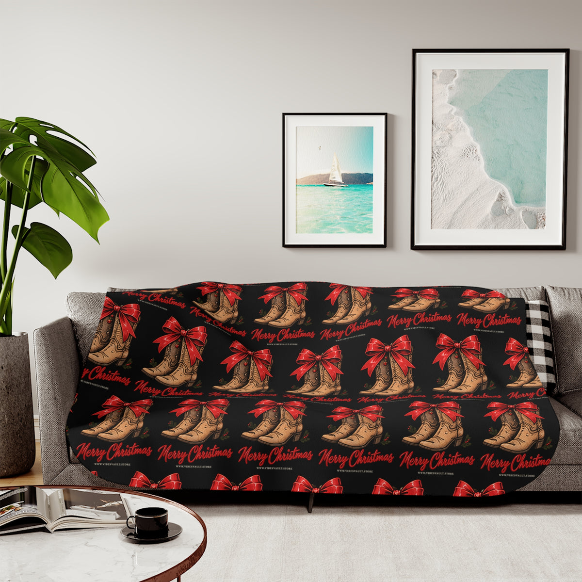 Christmas Cowboy Boots Sherpa Blanket – Merry Christmas Red Bow Holiday Throw