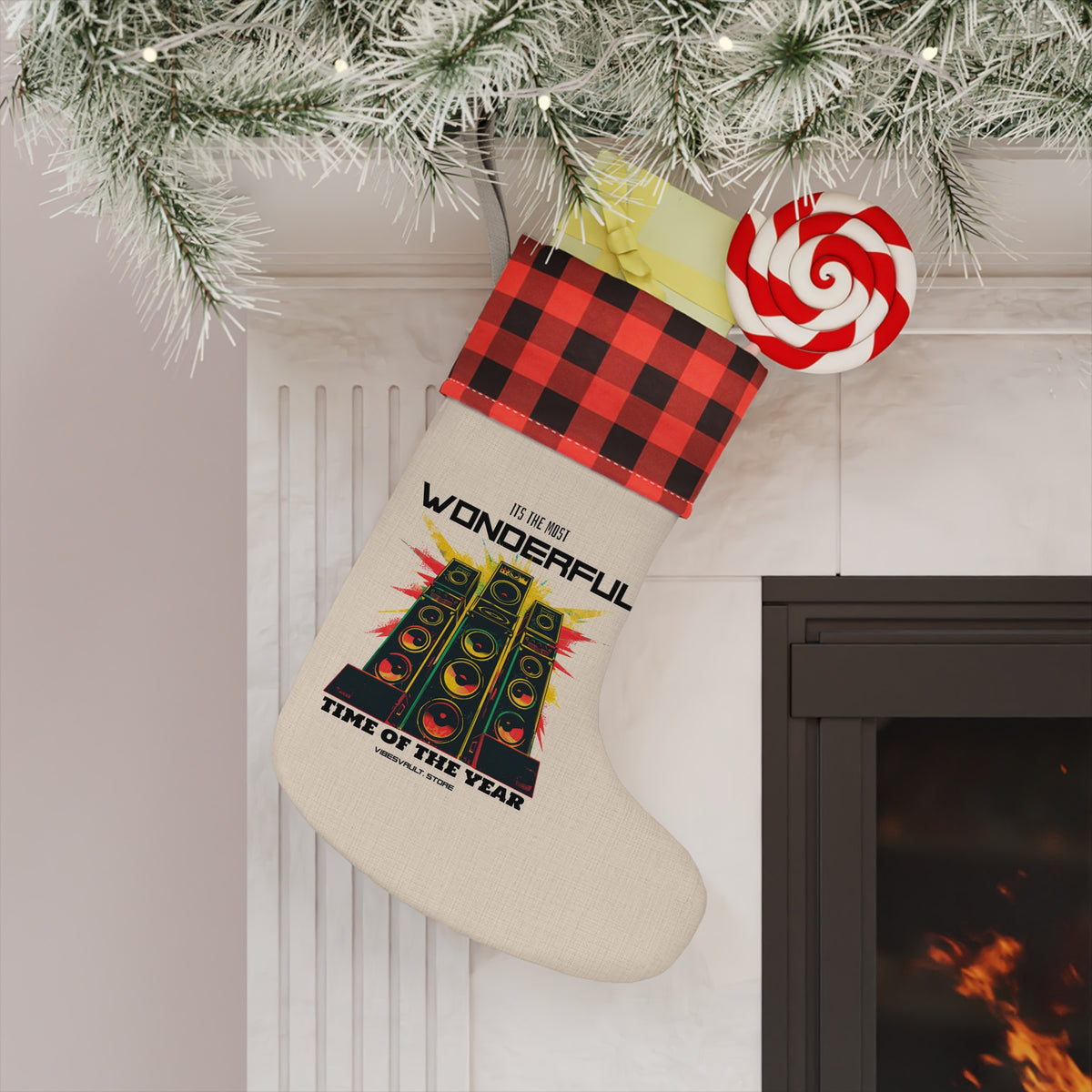 Retro Speaker Christmas Stocking – "Wonderful Time of the Year" Holiday Stocking with Buffalo Plaid Cuff
